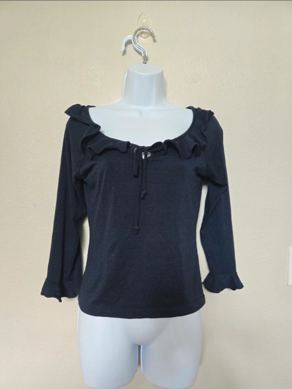 Y2K Blue Cotton Ruffled Wide Neck Top Size Medium